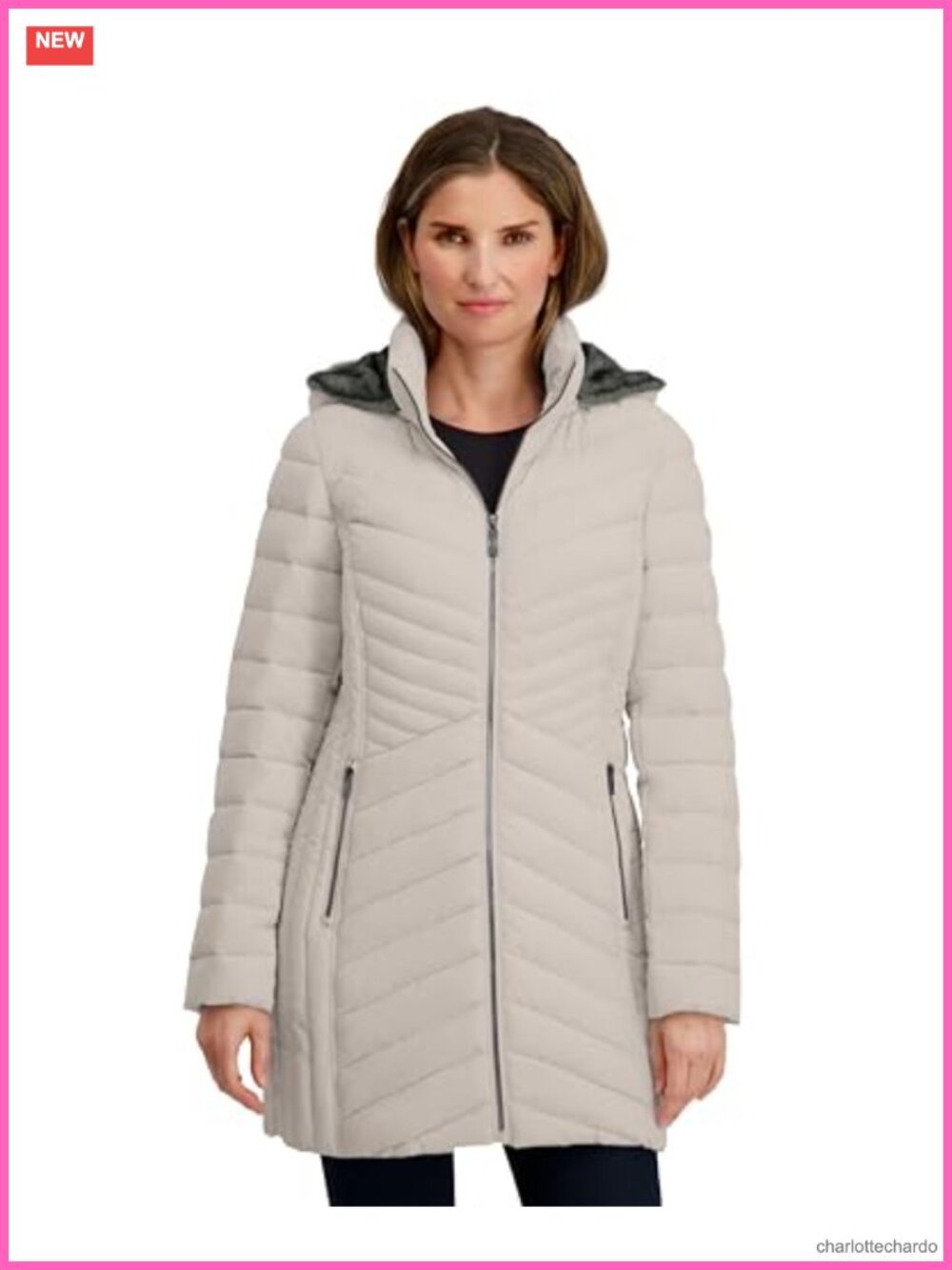 Women's 3/4 Length Stretch Puffer Jacket Faux Fur Lined Hood Quilted